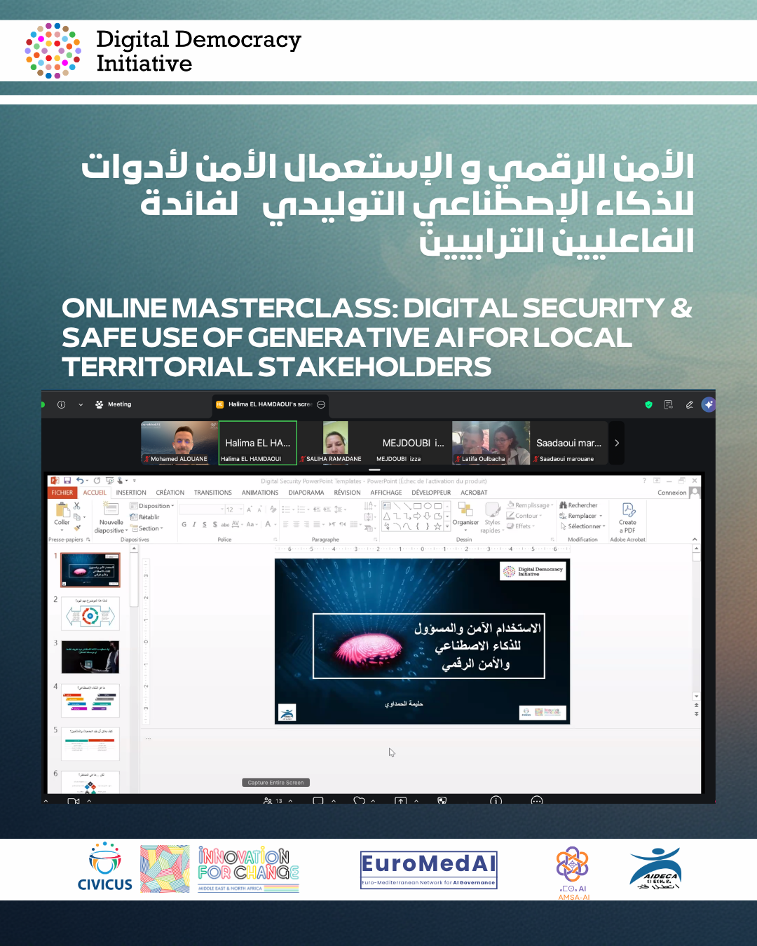 Recap of the 12 May 2026 masterclass on digital security and safe AI use for local stakeholders, organised under the AMSA-AI project and the Digital Democracy Initiative Middle East & North Africa.