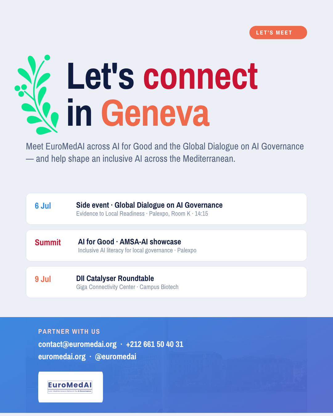 Let's connect in Geneva — EuroMedAI schedule and contact details