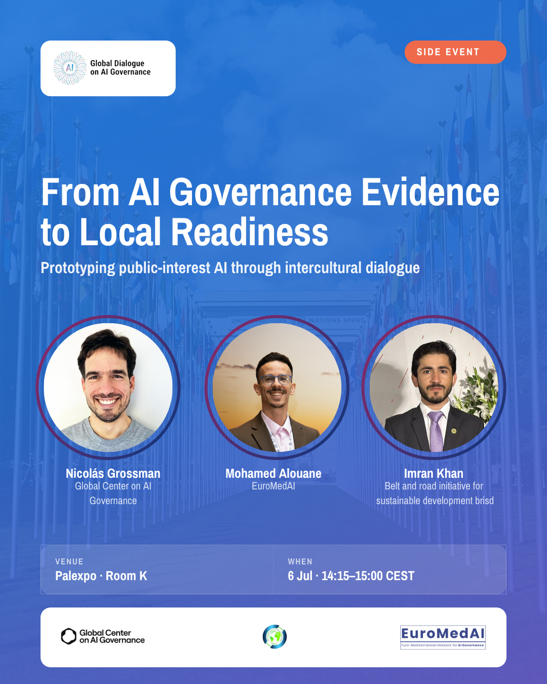 From AI Governance Evidence to Local Readiness — speakers Nicolás Grossman, Mohamed Alouane, and Imran Khan