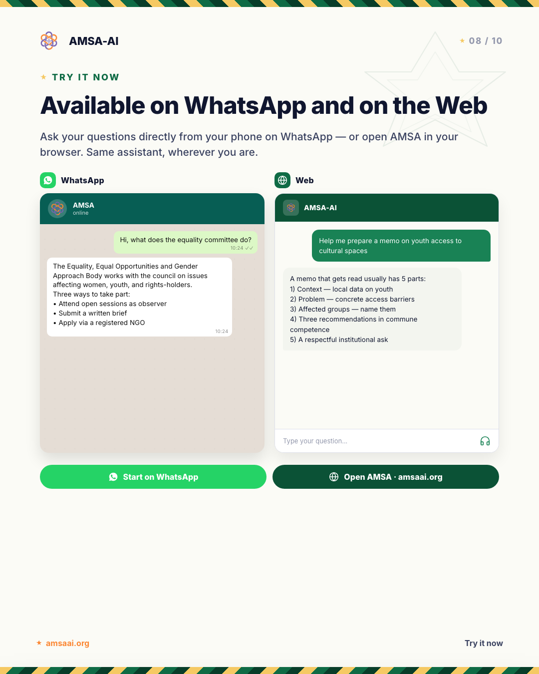 AMSA-AI fact sheet showing availability on WhatsApp and on the web