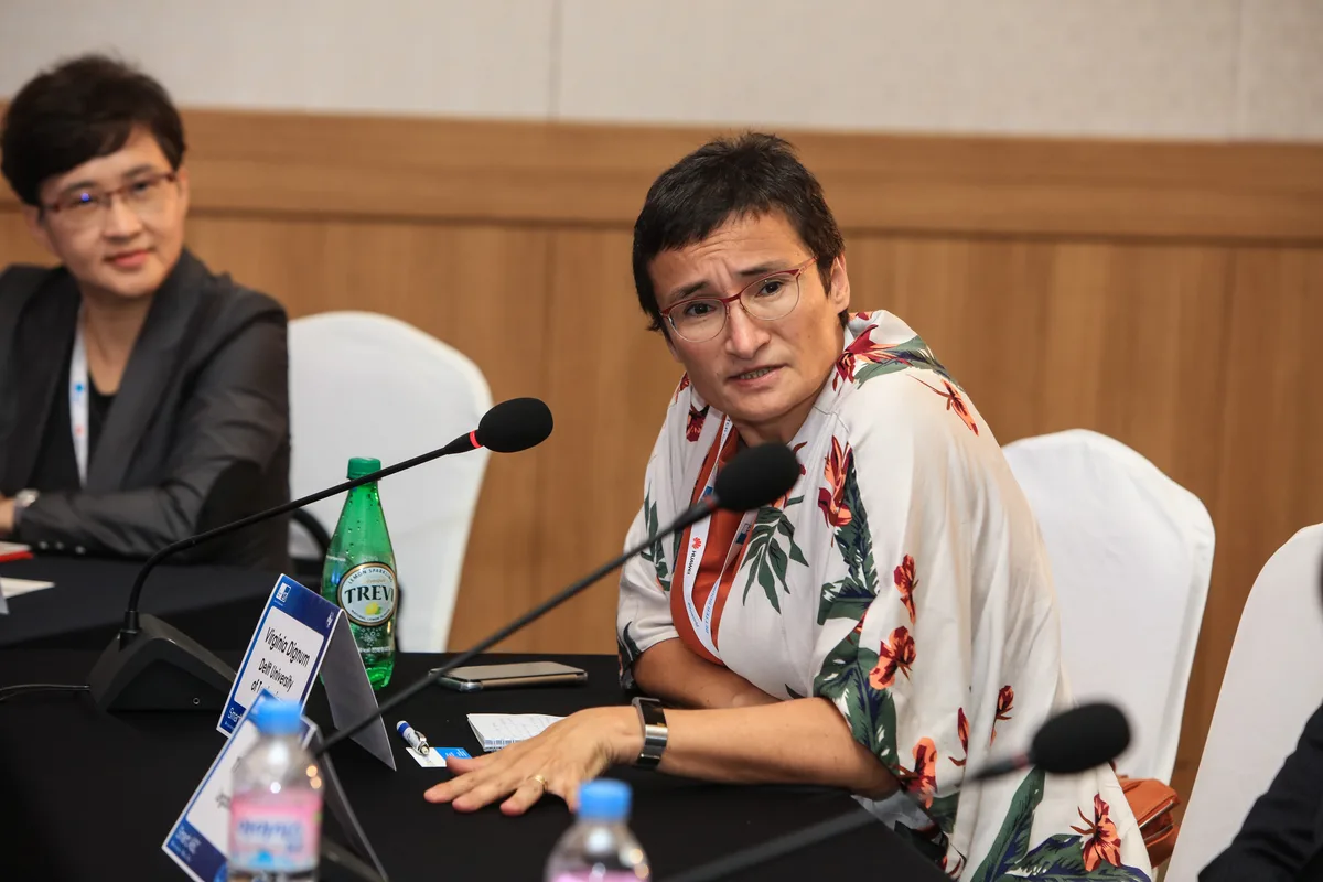 Virginia Dignum, listed among the IWM Digital Humanism fellows, speaking at an AI ethics round table.