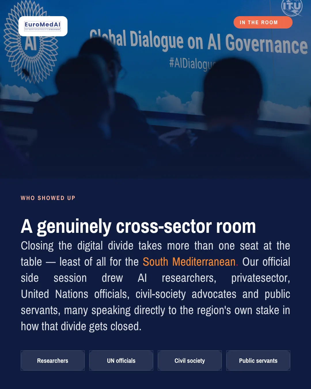 EuroMedAI recap slide describing a cross-sector room at the Global Dialogue on AI Governance