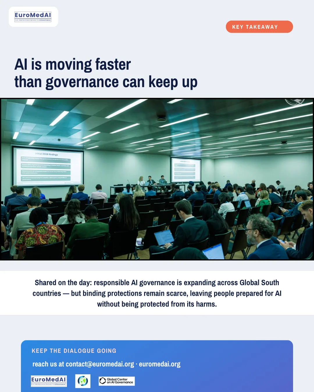 EuroMedAI recap slide on AI moving faster than governance can keep up